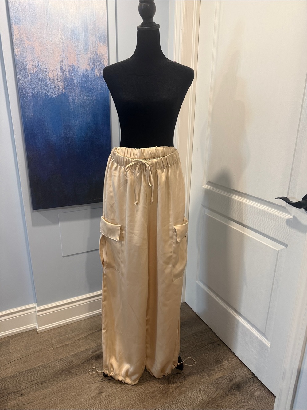 Mable Wide-Leg Satin Cargo Pants in Beige